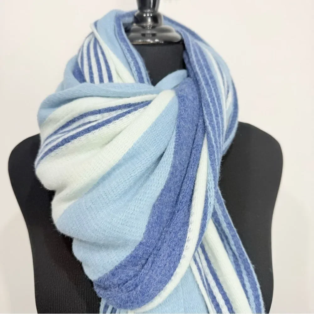 Free People Color Block Blue Stripe Oversized Fringed Edge Scarf Shawl Wrap
